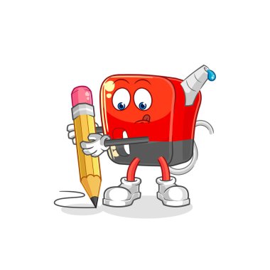 Benzin pompası kalemle yazıyor. karikatür maskotu vektosu