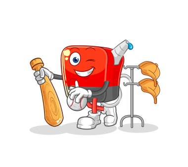 Benzin pompası beyzbol maskotunu oynuyor. çizgi film vektosu