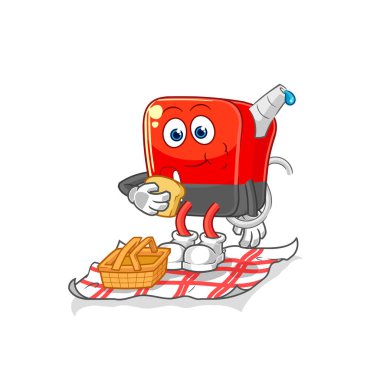 Benzin pompası bir piknik çizgi filminin üzerinde. karikatür maskotu vektosu