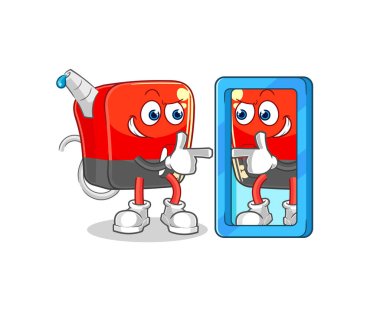 Benzin pompası ayna karikatürüne bakıyor. karikatür maskotu vektosu