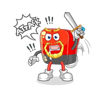 Benzin pompası şövalyeleri kılıçla saldırıyor. karikatür maskotu vektosu