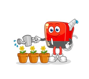 Benzin pompası çiçek maskotunu suluyor. çizgi film vektosu