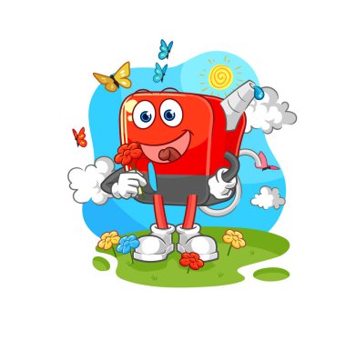 Benzin pompası baharda çiçek topluyor. karakter vektosu