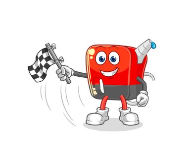 Benzin pompası, bitiş bayrağı. karikatür maskotu vektosu