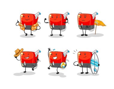 Benzin pompası plaj tatili seti karakteri. karikatür maskotu vektosu