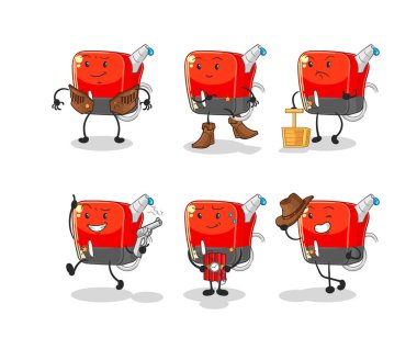 Benzin pompalı kovboy grup karakteri. karikatür maskotu vektosu