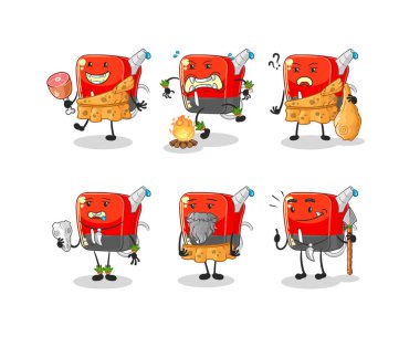 Benzin pompası ilkel insan grubu karakteri. maskot vektosu