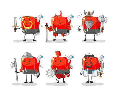 Benzin pompası savaşçı grup karakteri. karikatür maskotu vektosu