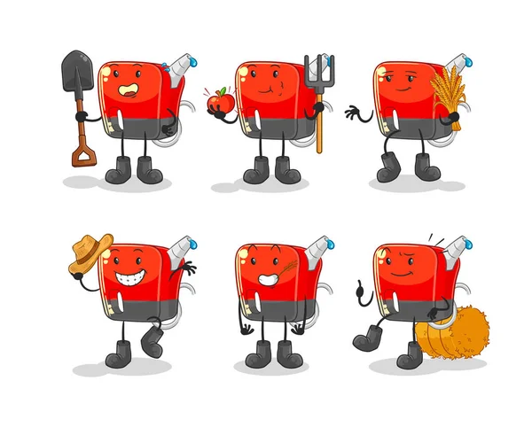 Caráter Grupo Agricultores Bomba Gasolina Mascote Desenhos Animados Vecto — Vetor de Stock