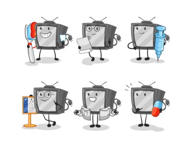 Eski televizyon doktoru grup karakteri. karikatür maskotu vektosu