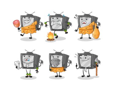 Eski TV ilkel insan grubu karakteri. maskot vektosu