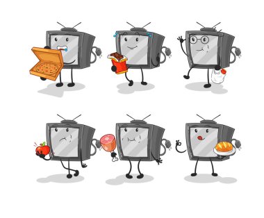 Televizyondaki eski yemek seti karakteri. karikatür maskotu vektosu