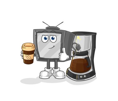 Kahve resimlerini içen eski televizyon. karakter vektosu