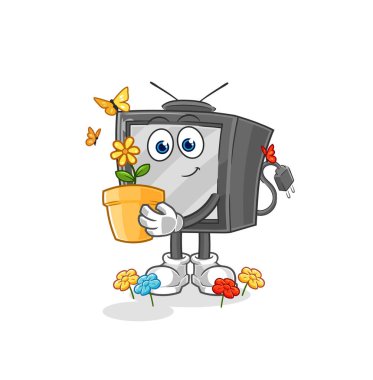 Çiçek saksısı olan eski televizyon. karakter vektosu