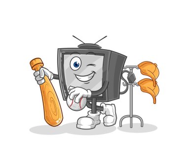 Beyzbol maskotu oynayan eski televizyon. çizgi film vektosu