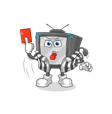 Kırmızı kart resimli eski televizyon hakemi. karakter vektosu