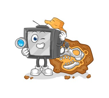 Fosil maskotu olan eski televizyon arkeologları. çizgi film vektosu