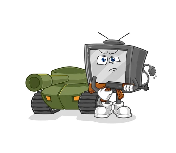 Старый Телевизионный Солдат Танковым Характером Мультипликационный Талисман — стоковый вектор
