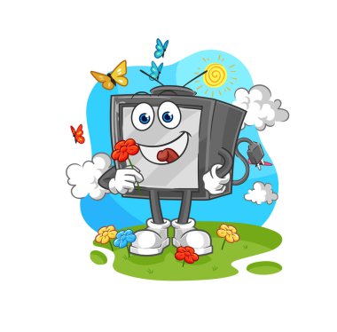 Eski televizyon baharda çiçek toplar. karakter vektosu