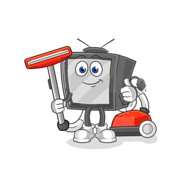 Elektrikli süpürgeyle temizlenmiş eski televizyon. karakter vektosu