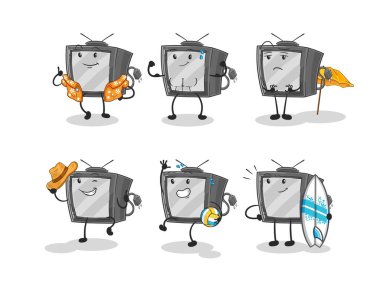 Eski TV kumsal tatili seti karakteri. karikatür maskotu vektosu