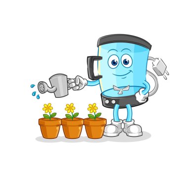 Çiçek maskotunu sulayan mikser. çizgi film vektosu