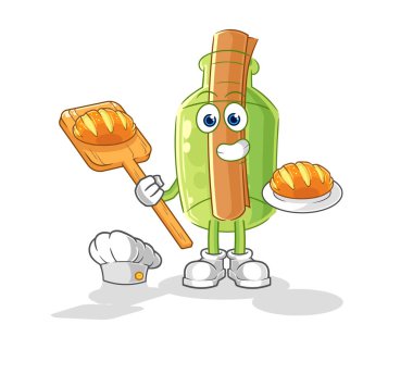 Ekmekle birlikte bir şişe fırıncıdaki mesaj. karikatür maskotu vektosu