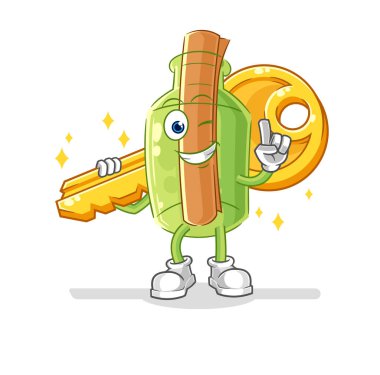 Şişedeki mesaj anahtar maskotu taşıyor. çizgi film vektosu