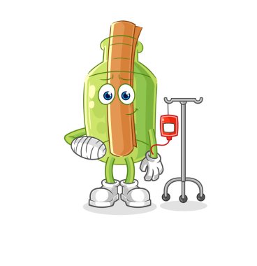 Topallayan sopayla şişedeki hasta mesajı. karikatür maskotu vektosu