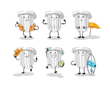 Roma sütunu plaj tatili set karakteri. karikatür maskotu vektosu