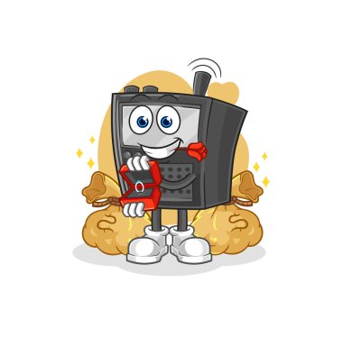 Telsiz, yüzükle evlenme teklif ediyor. karikatür maskotu vektosu