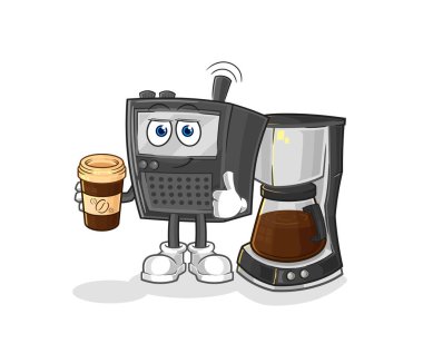 Kahve illüstrasyonu içen telsiz. karakter vektosu