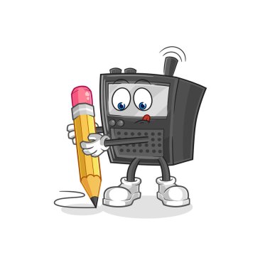 Telsiz kurşun kalemle yazar. karikatür maskotu vektosu