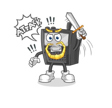 Telsiz şövalyeleri kılıçla saldırıyor. karikatür maskotu vektosu