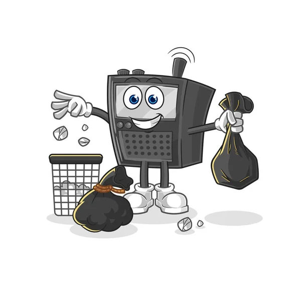 ウォーキートーキーゴミ箱のマスコットを投げる 漫画のベクトル — ストックベクタ