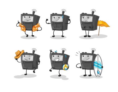 Telsiz talkie plaj tatili set karakteri. karikatür maskotu vektosu