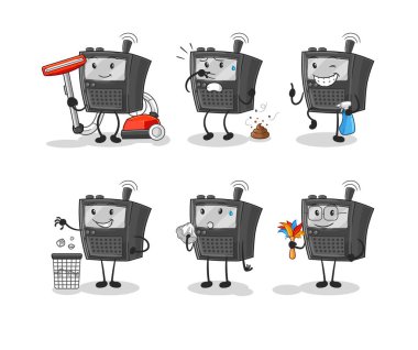 Telsiz sesli temizlik grubu karakteri. karikatür maskotu vektosu