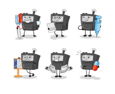 Telsiz sesli doktor grup karakteri. karikatür maskotu vektosu