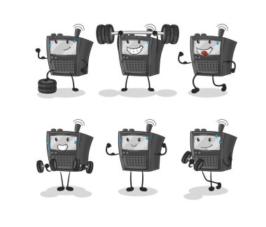 Telsiz talkie egzersiz seti karakteri. karikatür maskotu vektosu