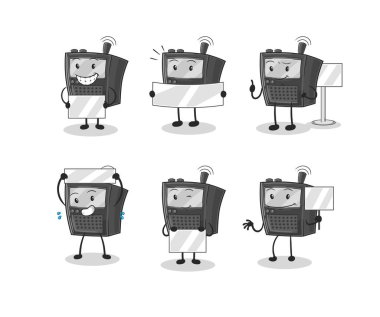 Tahta grubu karakteri tutan telsiz. maskot vektosu