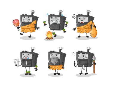 Telsiz sesli ilkel insan grubu karakteri. maskot vektosu