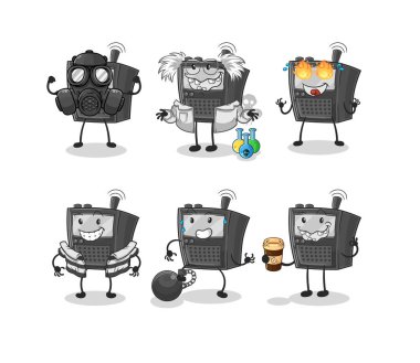 Telsiz sesli kötü karakter grup karakteri. karikatür maskotu vektosu