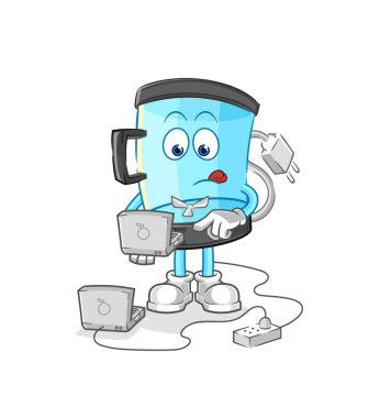 Blender ve laptop maskotu. çizgi film vektosu
