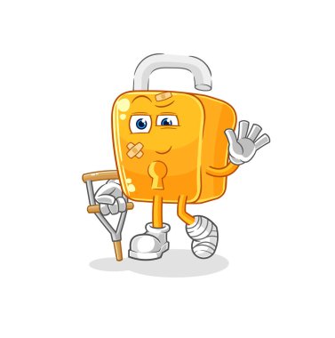 the padlock sick with limping stick. cartoon mascot vecto