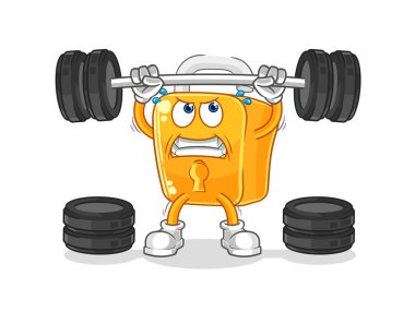 the padlock lifting the barbell character. cartoon mascot vecto