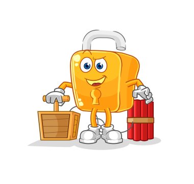 the padlock holding dynamite detonator. cartoon mascot vecto