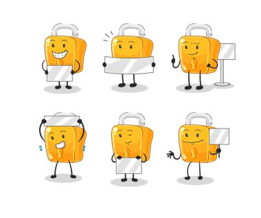the padlock holding board group character. mascot vecto