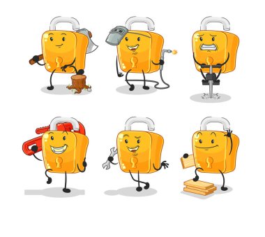the padlock worker set character. cartoon mascot vecto