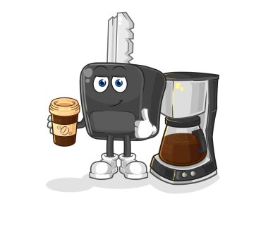 the car key drinking coffee illustration. character vecto