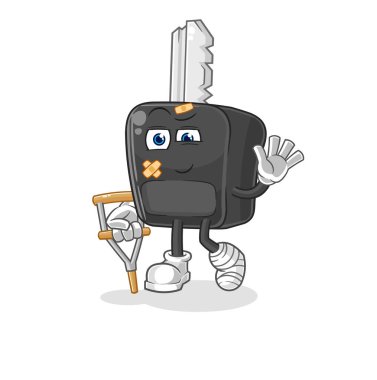 the car key sick with limping stick. cartoon mascot vecto